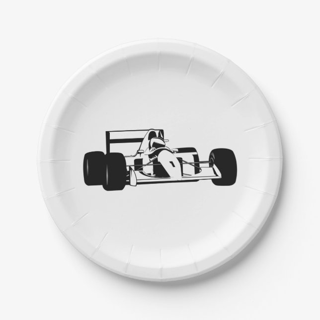 Race Car Silhouette black and white Paper Plate (Front)