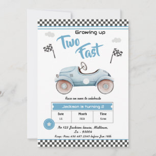 Race Car themed blue vintage Two fast 2nd birthday Invitation