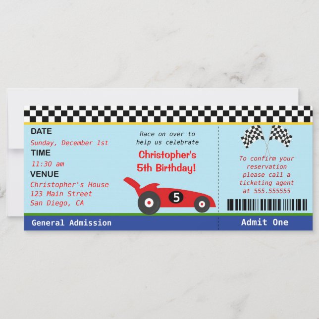 Race Car Ticket Birthday Invitation (Front)