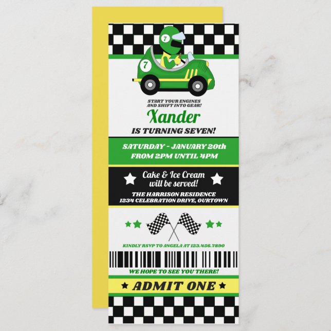 Race Car Ticket Style Birthday Party Invitation (Front/Back)