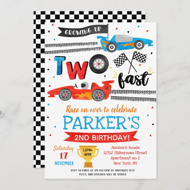  Race Car Two Fast 2nd Birthday Party Invitations  (Front/Back)