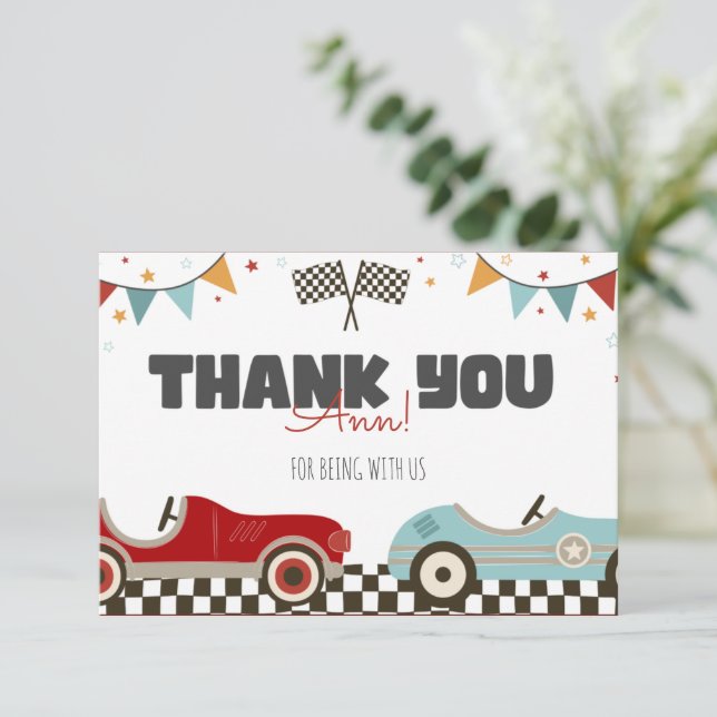 Race Car Two Fast Birthday Thank You Card (Standing Front)