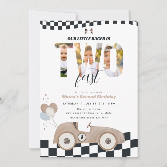 Race Car Two Fast Second Birthday Invite w/ Photo (Front)