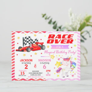 Race Car & Unicorn Joint Birthday Invitation