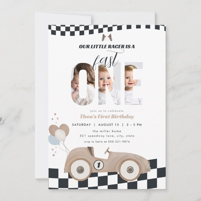 Race Car Vintage Car First Birthday Invite Photo (Front)