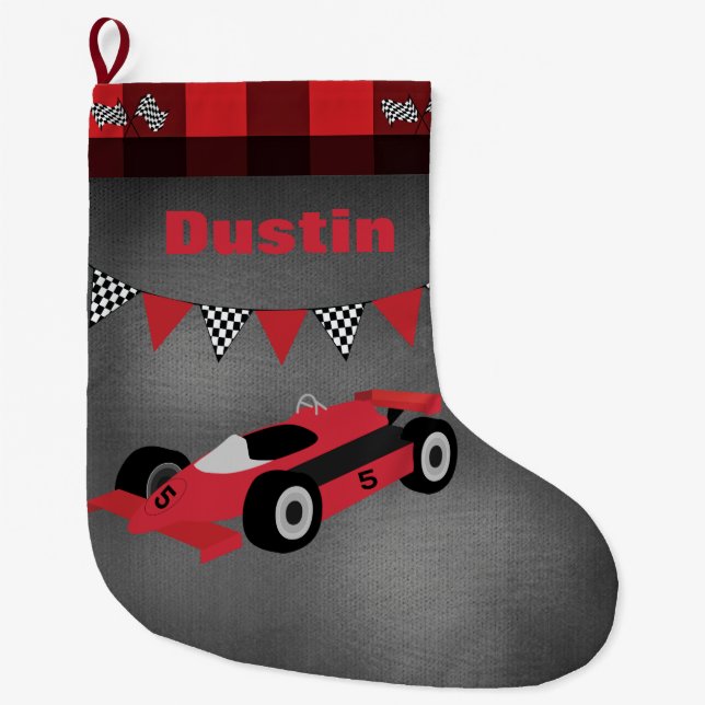 Race Car with Checkered Flags Large Christmas Stocking (Front)
