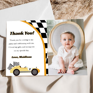 Race Car Yellow Birthday Party Thank You Card
