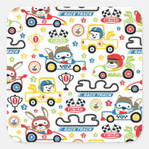 Race Cars & Animal Cartoon Pattern Background  Square Sticker