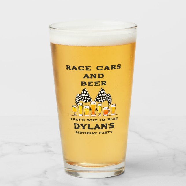 Race Cars & Beer Chequered Flag Raceday Birthday Glass (Front Filled)