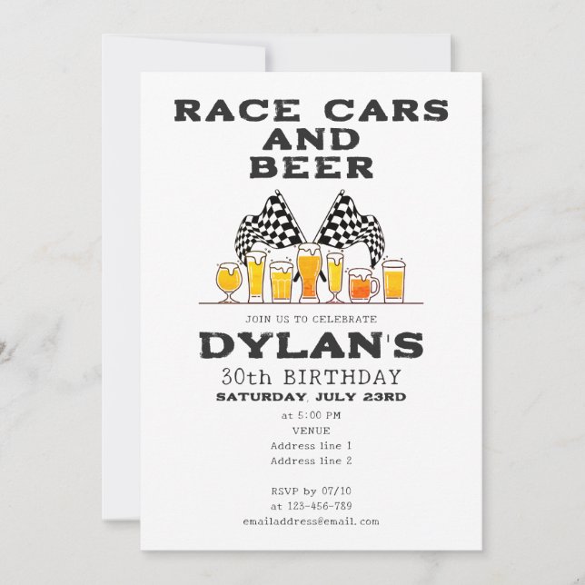 Race Cars & Beer Chequered Flag Raceday Birthday Invitation (Front)