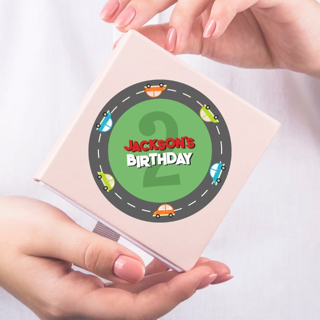 Race Cars Boy Birthday Party Classic Round Sticker (Creator Uploaded)