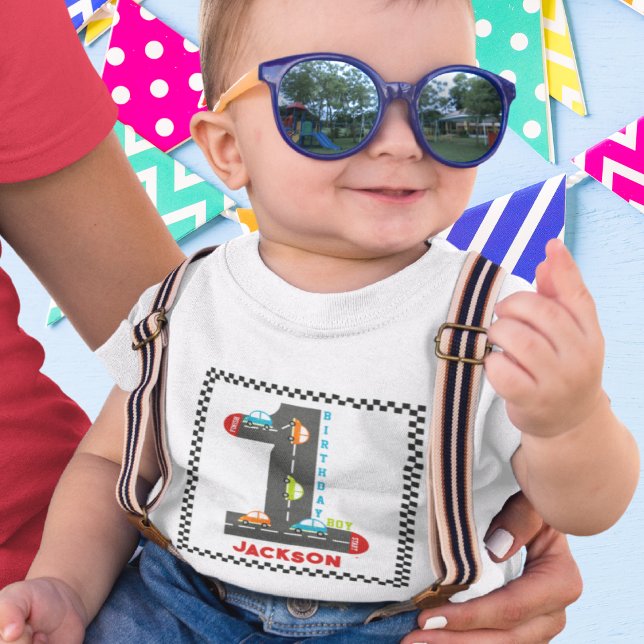 Race Cars First Birthday Boy Baby T-Shirt (Creator Uploaded)