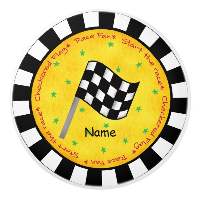 Race Fan Black White Chequered Flag Custom Name Ceramic Knob (Front)
