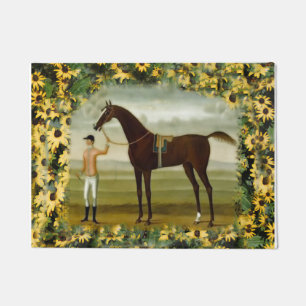 Race horse and jockey black eyed susan flowers mat
