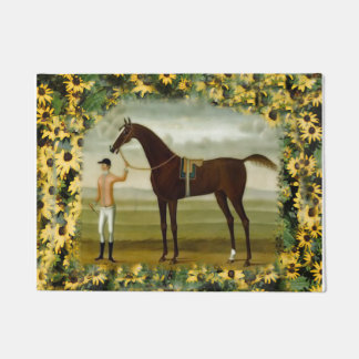 Race horse and jockey black eyed susan flowers mat