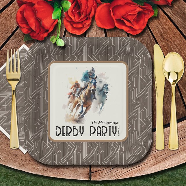 Race Horses Derby Party Brown Square Paper Plate (Paper plates and matching napkins sold separately. (Silverware not sold.))
