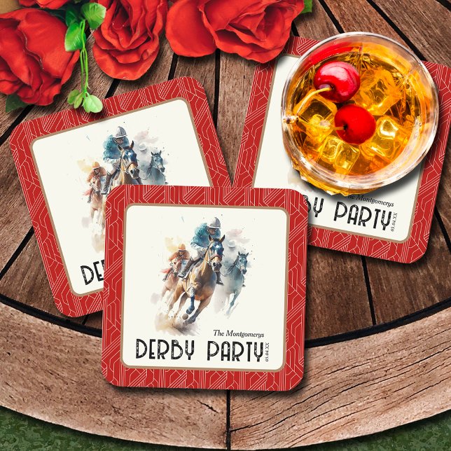 Race Horses Derby Party Red Square Paper Coaster (Race Horses Derby Party Red Coasters)