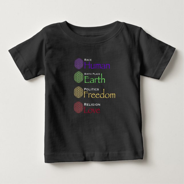 Race: Human Birthplace: Earth Politics: Freedom Re Baby T-Shirt (Front)