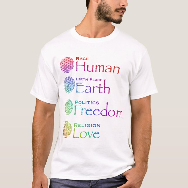 Race: Human Birthplace: Earth Politics: Freedom Re T-Shirt (Front)