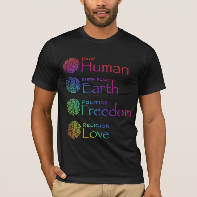 Race: Human Birthplace: Earth Politics: Freedom  T-Shirt (Front)