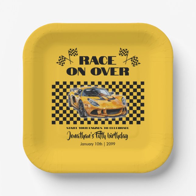Race On Over Any Age Birthday Yellow Sports Car Paper Plate (Front)