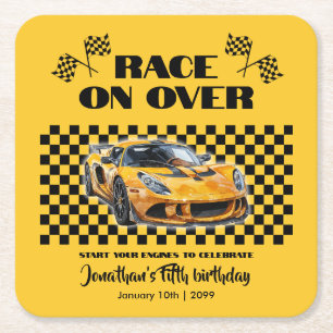 Race On Over Any Age Birthday Yellow Sports Car Square Paper Coaster