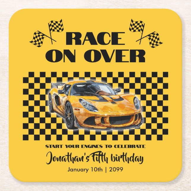 Race On Over Any Age Birthday Yellow Sports Car Square Paper Coaster (Front)