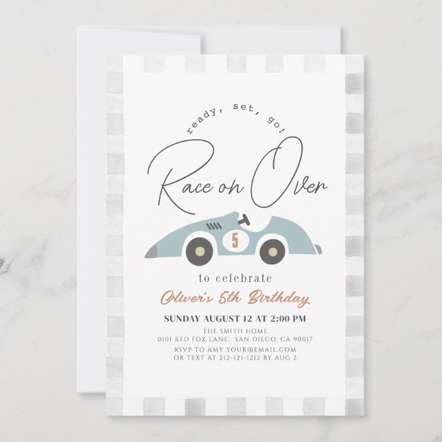 Race on Over Blue Race Car Boy Birthday Invitation (Front)