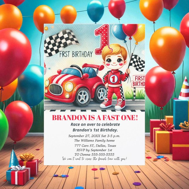 Race On Over Red Car 1st Birthday Boy Kids Invitation (Creator Uploaded)