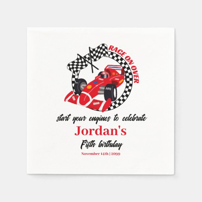 Race On Over Red Race Car Any Age Birthday Napkin (Front)