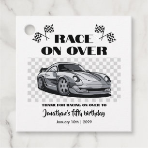 Race on Over Silver Modern Race Car Any Age Favour Tags