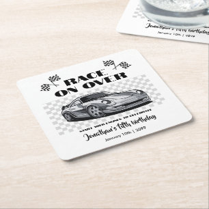 Race on Over Silver Modern Race Car Any Age Square Paper Coaster