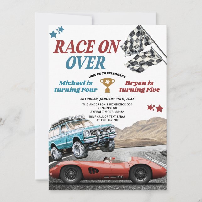 Race On Over Vintage Racing Car Joint Birthday Invitation (Front)