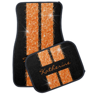 Race Stripes Bright Orange Script Name Feminine Car Mat