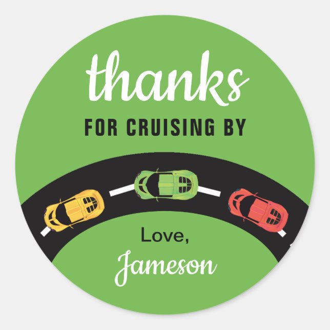 Race Track Boys 4th Birthday Green Classic Round Sticker (Front)