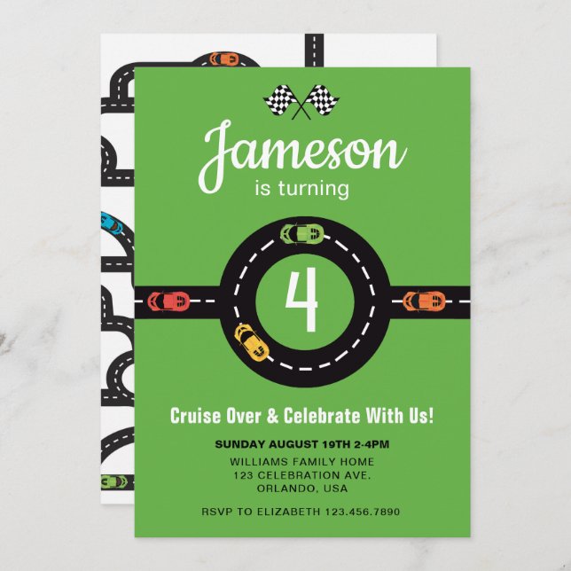 Race Track Boys 4th Birthday Green Invitation (Front/Back)