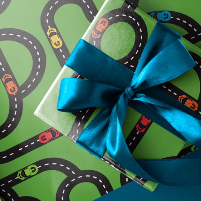 Race Track Boys Birthday Green  Wrapping Paper Sheet (Creator Uploaded)