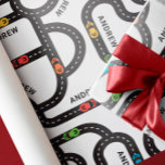 Race Track Boys Birthday White Wrapping Paper<br><div class="desc">Cute,  customisable giftwrap for a boys birthday with race cars driving on a black race track over a white background.</div>