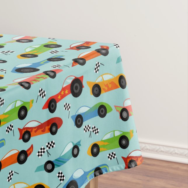 Racecar pattern car birthday party tablecloth (In Situ)