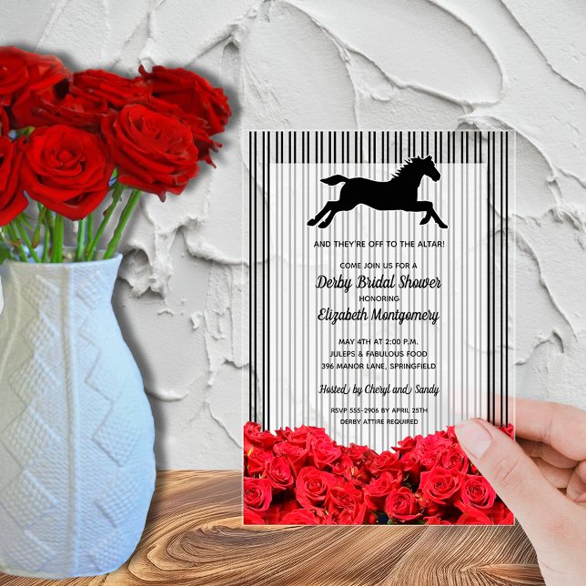 Racehorse and Red Roses Derby Bridal Shower Acrylic Invitations (Derby race horse, red roses and stripes ACRYLIC bridal shower invitations - order clear or frosted)