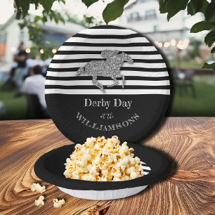 Racehorse on Black White Stripes Paper Plate