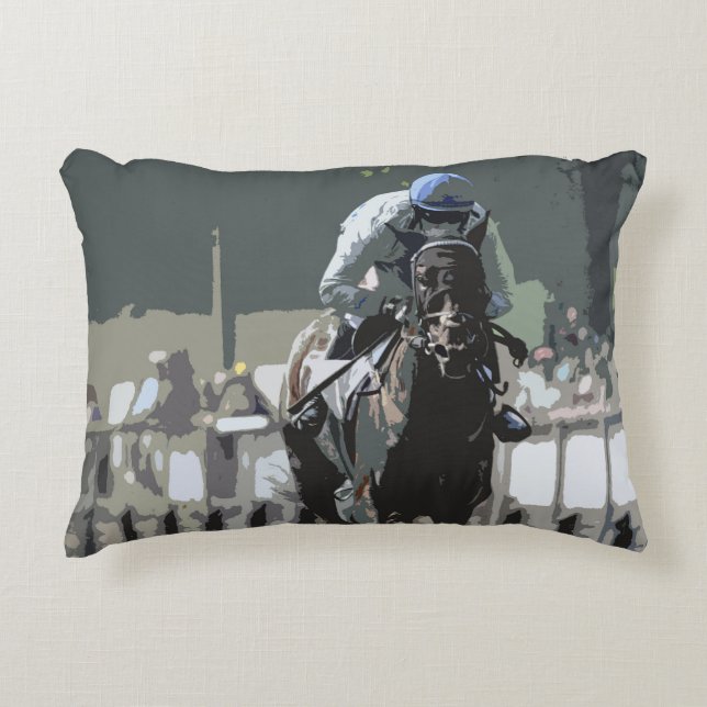 Racehorse With Jockey In Blue Accent Pillow (Front)