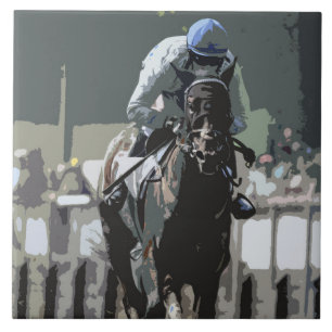 Racehorse With Jockey In Blue Ceramic Tile