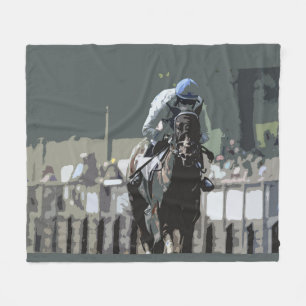 Racehorse With Jockey In Blue Fleece Blanket