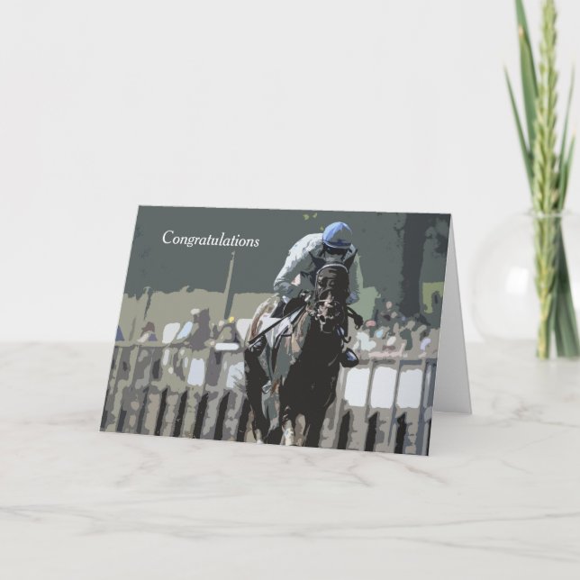 Racehorse With Jockey In Blue Greeting Card (Front)