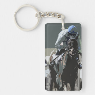Racehorse With Jockey In Blue Keychain