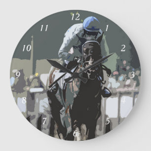 Racehorse With Jockey In Blue Wall Clock