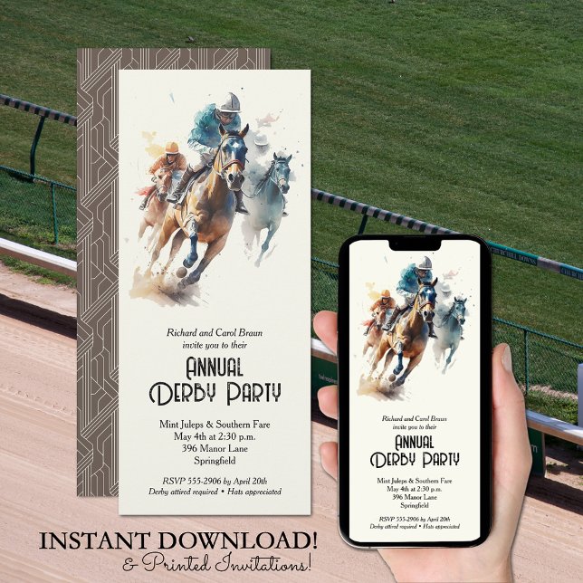 Racehorses and Jockeys Brown Derby Party Invitation (Racehorses and Jockeys Derby Party Invitations - INSTANT DOWNLOAD and/or PRINTED or both!)