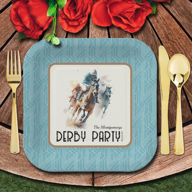 Racehorses Derby Party Aqua Square Paper Plate (Racehorses Derby Party Aqua Square Paper Plates)
