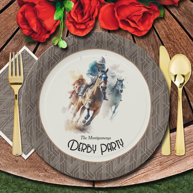 Racehorses Derby Party Brown Paper Plate (Paper plates and matching napkins sold separately. (Silverware not sold.))